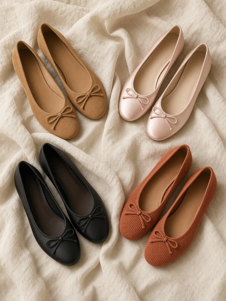 Flat lay of ballet flats in camel suede, blush satin with a bow, black leather and terracotta knit on cream linen