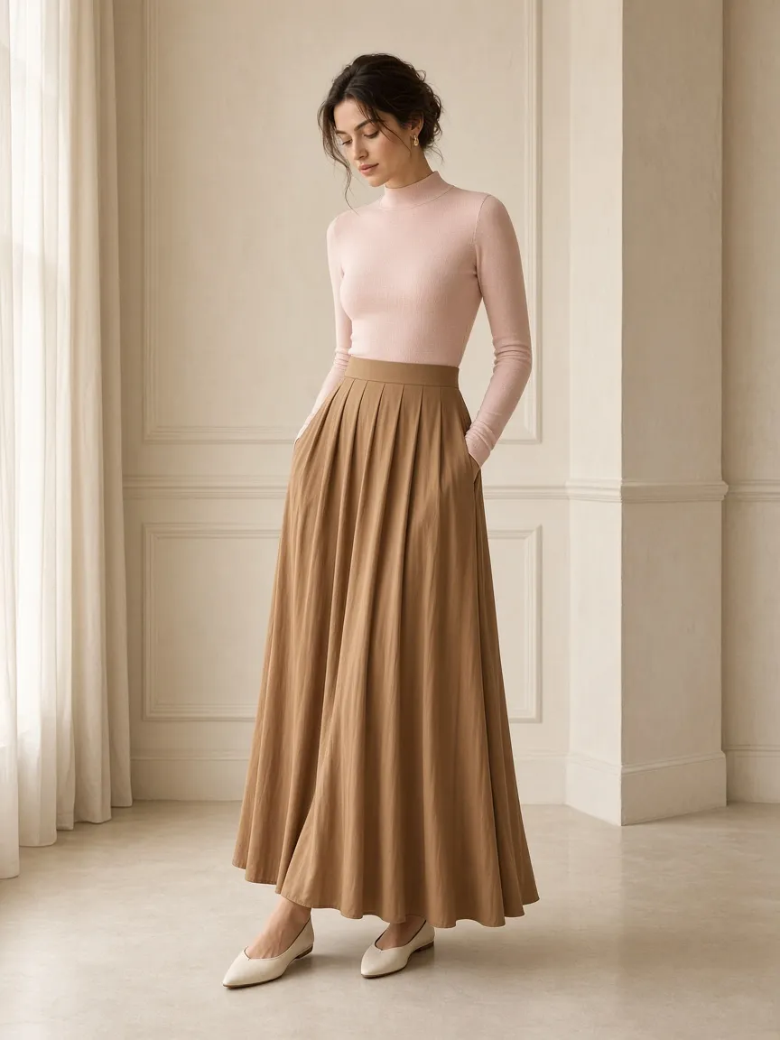Woman in a high-neck long-sleeve blush sweater and long camel pleated skirt wearing pointed cream ballet flats