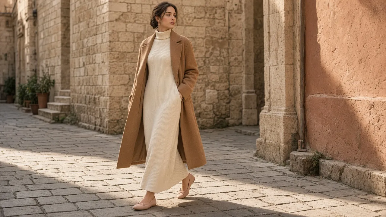 Woman in a long cream knit dress and camel coat walking in blush suede ballet flats on a sunlit stone street