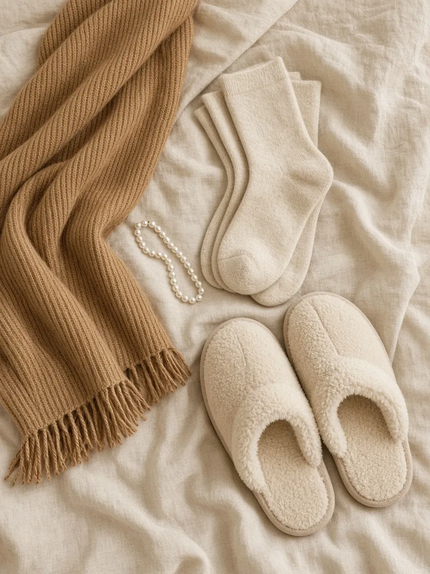 Flat lay of a camel ribbed scarf, cream cashmere socks, ivory shearling slippers and a small pearl necklace