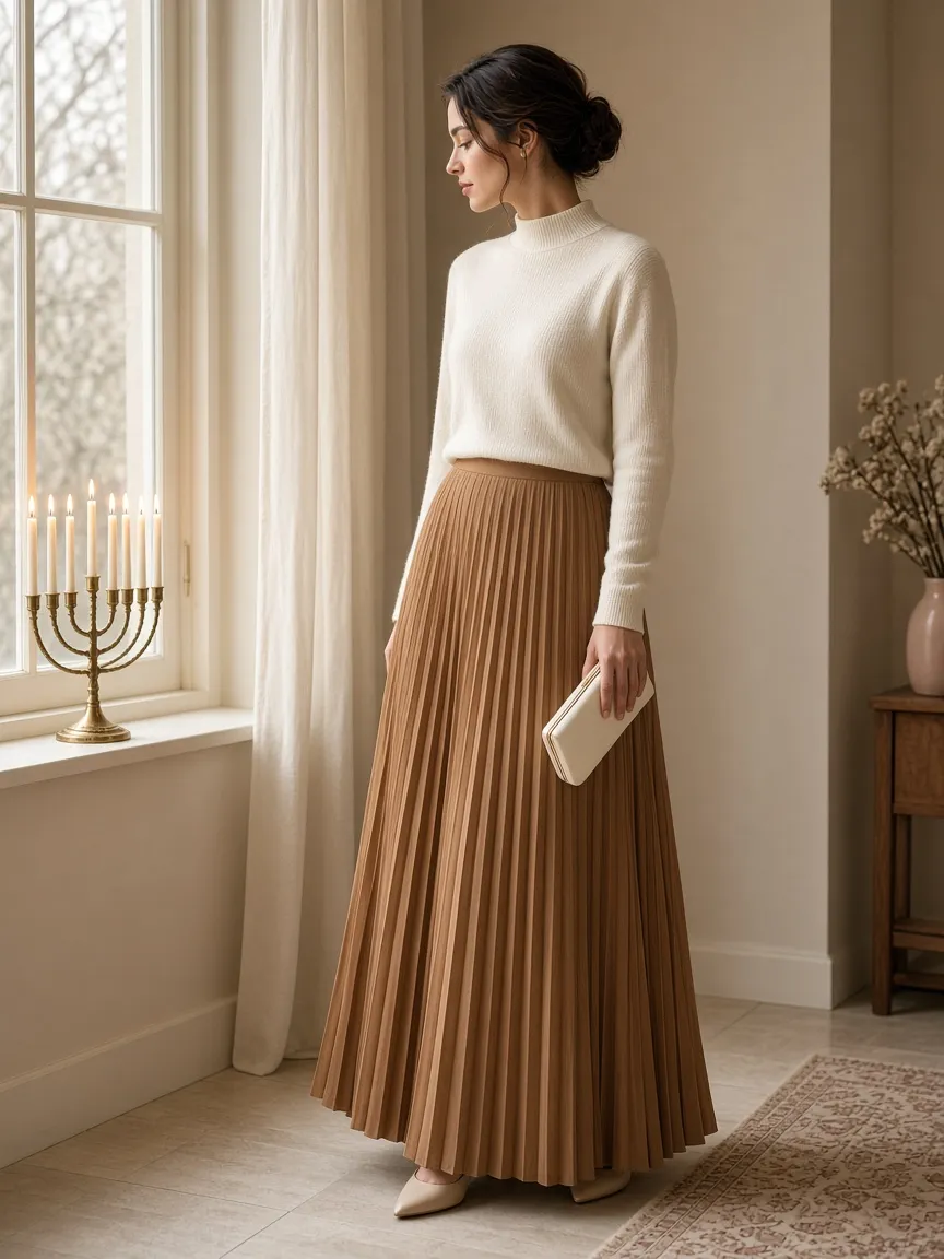 Woman in a long-sleeve cream sweater and camel maxi skirt holding a small ivory clutch near a Chanukah menorah