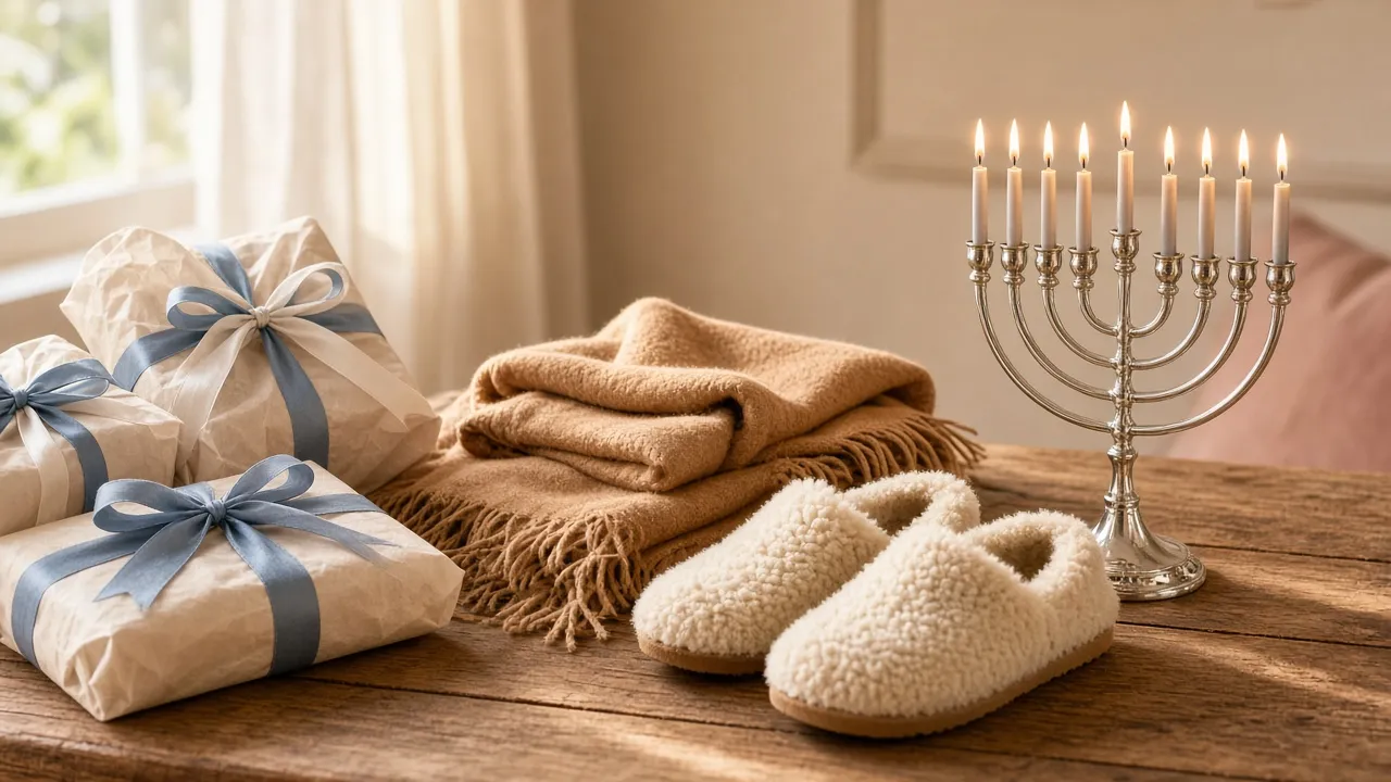 Chanukah gifts wrapped in cream tissue with blue and white ribbon beside a camel scarf, slippers and a lit menorah