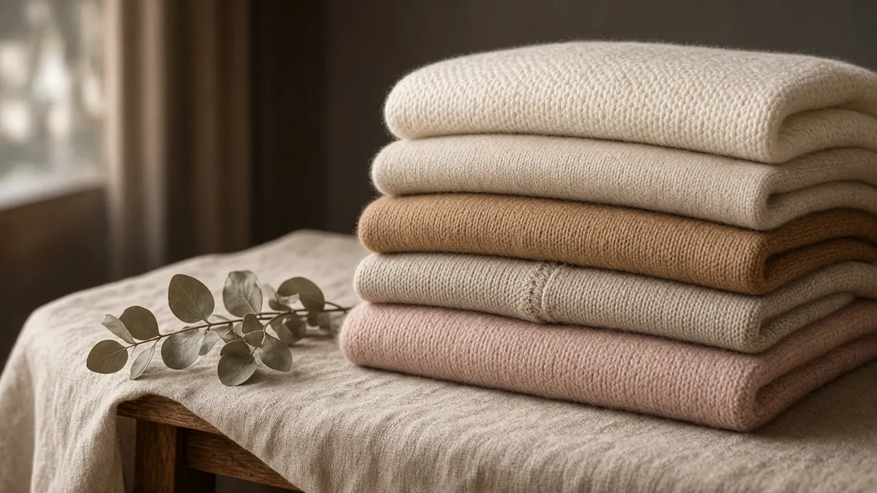 Stack of folded wool, cashmere, merino and alpaca sweaters in cream, camel and blush