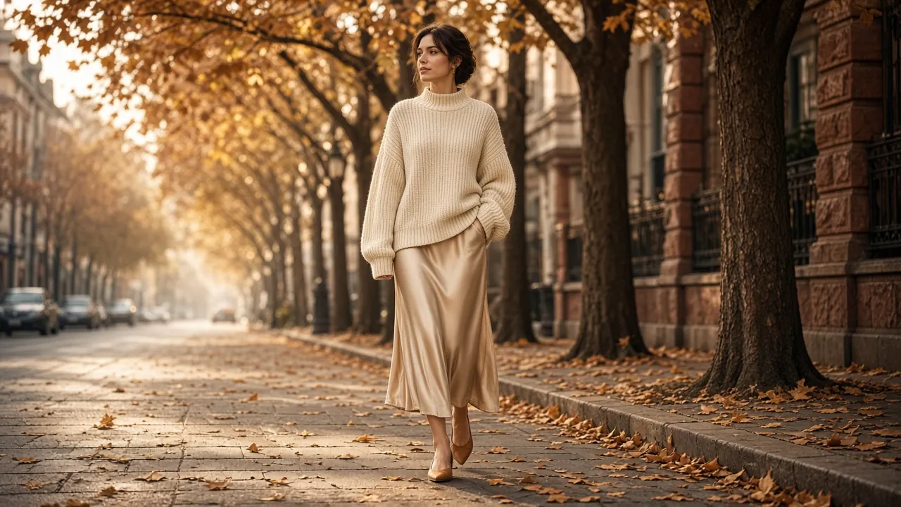 Woman in a cream chunky knit sweater and champagne satin midi skirt walking down an autumn street