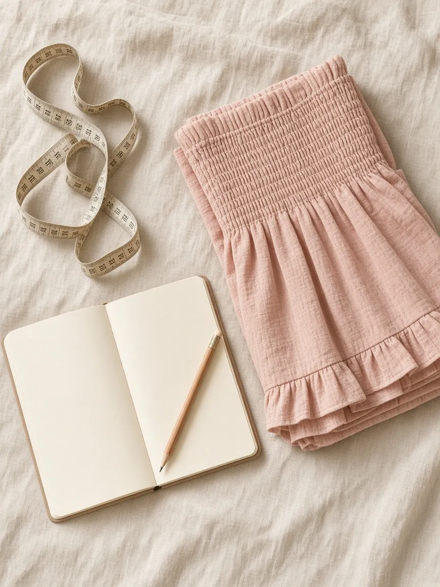 Soft tape measure, notebook and a folded blush smocked dress laid out on a linen surface for measuring a dress size
