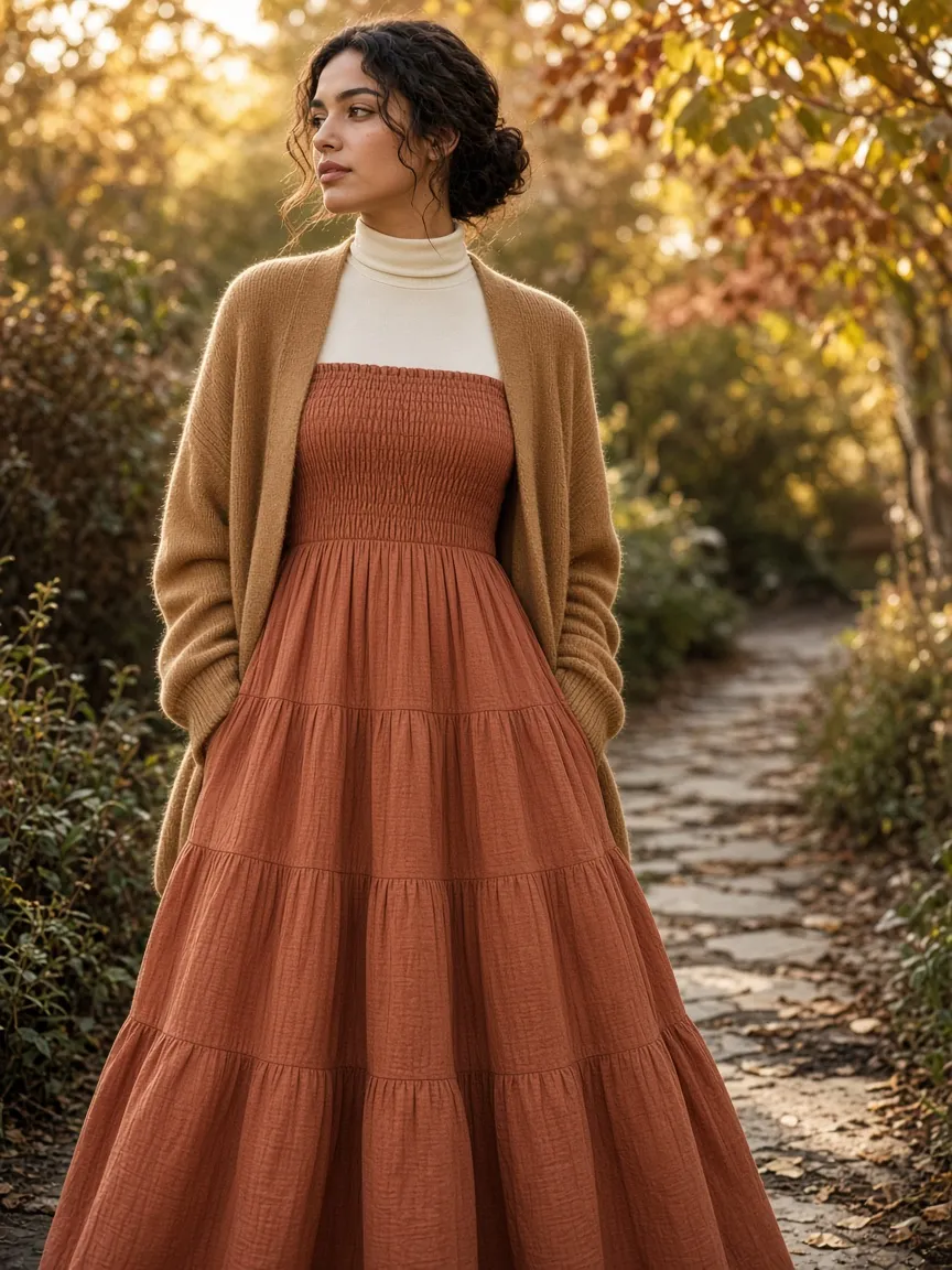 Woman in a terracotta smocked tiered maxi dress with a fitted cream long-sleeve top underneath and a camel cardigan