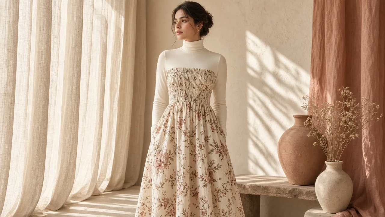 Woman in a cream floral smocked midi dress layered over a fitted ivory long-sleeve turtleneck, standing in a sunlit room