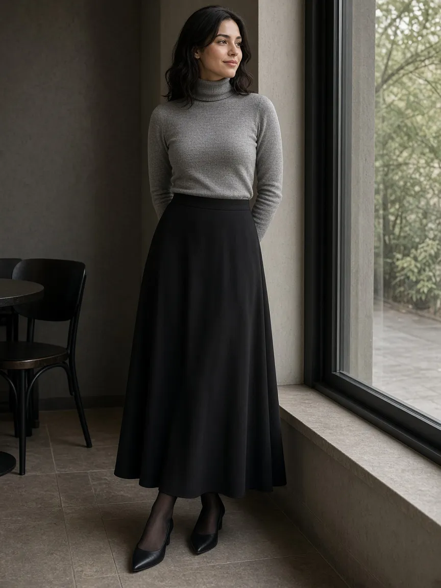 Woman by a cafe window in a grey turtleneck and long black A-line skirt with sheer black tights and black pointed pumps