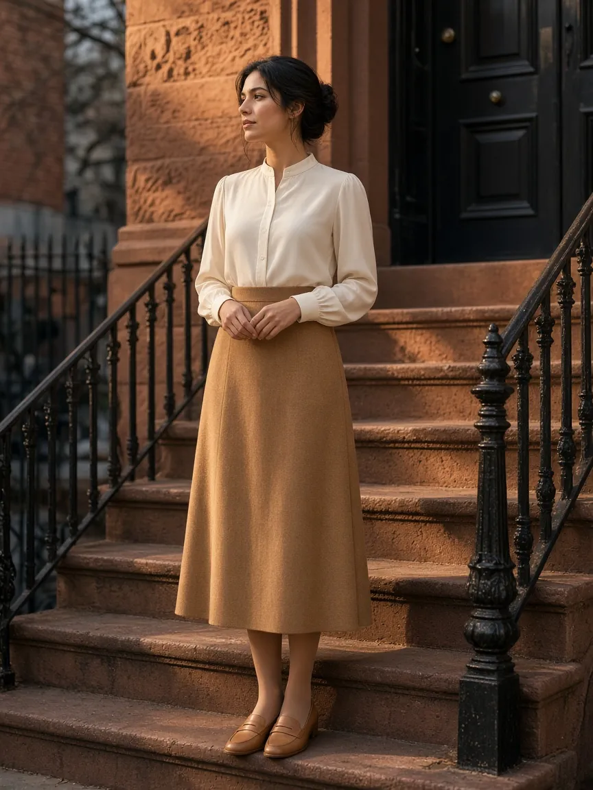 Woman on brownstone steps in an ivory blouse and camel wool midi skirt with skin-tone tights and tan leather loafers