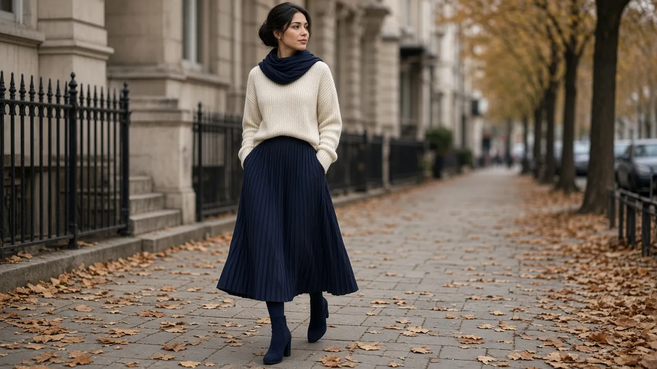 Woman walking on an autumn sidewalk in a long navy pleated skirt, cream chunky sweater and navy scarf, with opaque navy tights and navy suede block-heel ankle boots