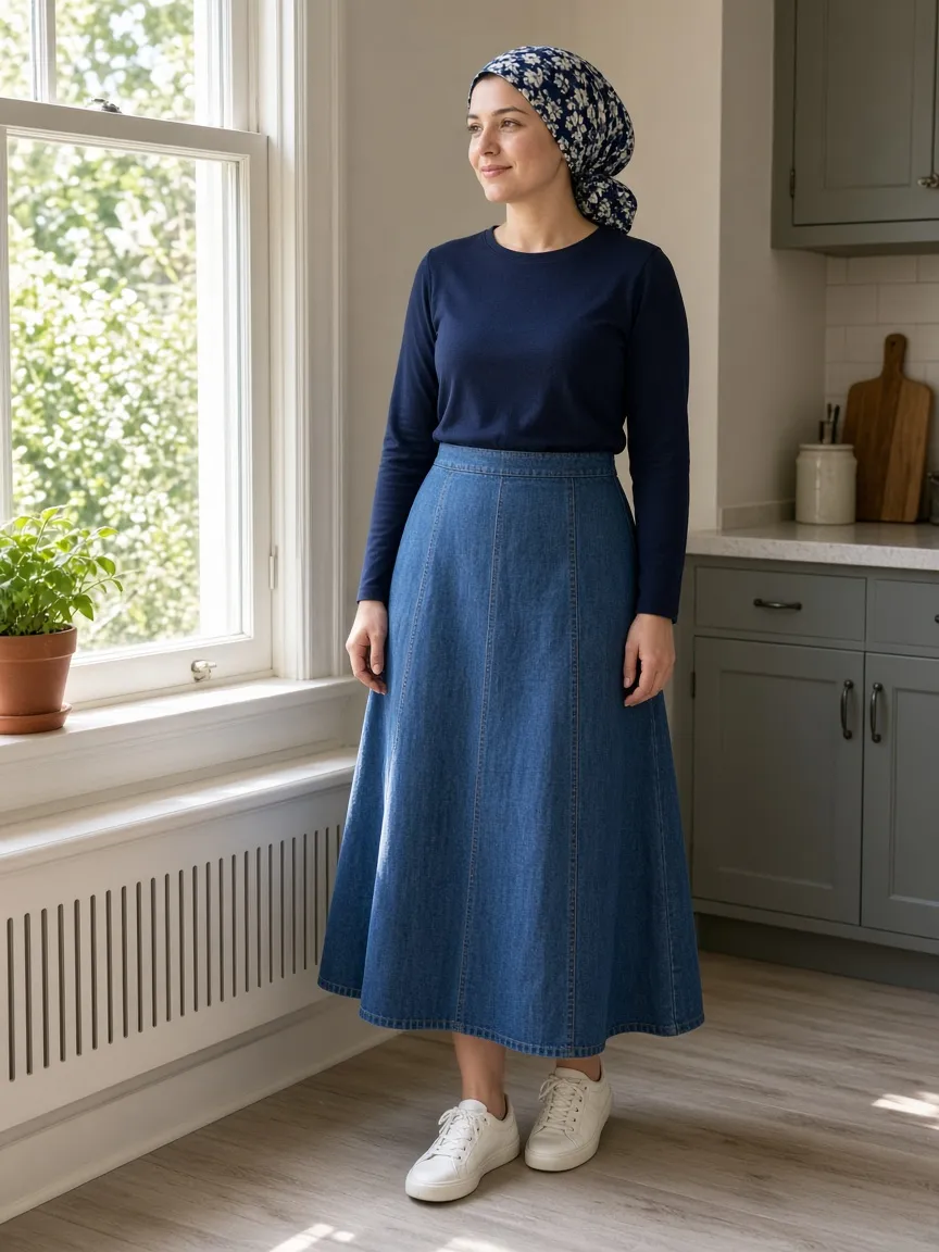 Woman by a kitchen window in a navy and white floral tichel, navy long-sleeve top, long denim A-line skirt and white sneakers