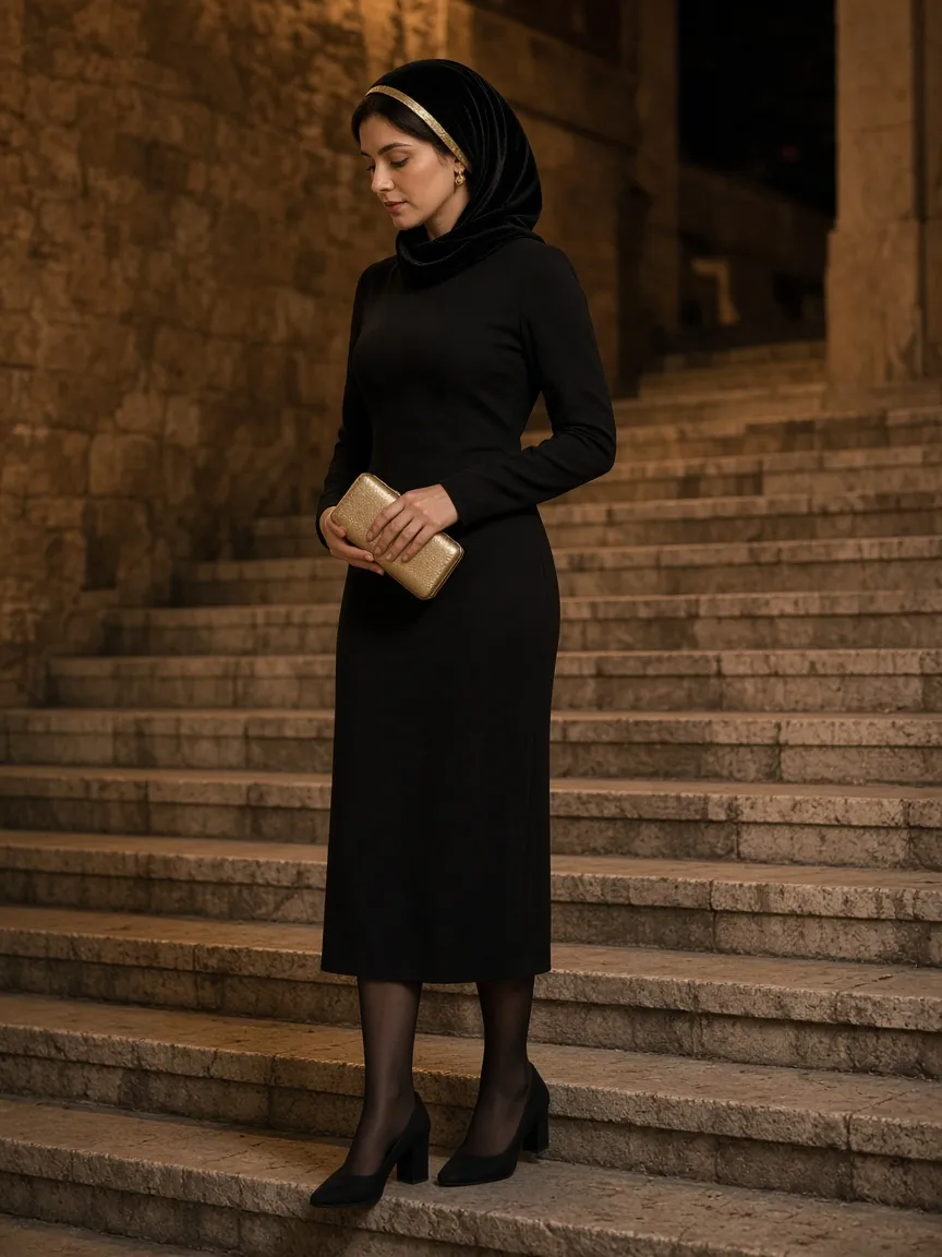 Woman on stone steps at evening in a black velvet snood with a gold band, black long-sleeve midi dress, sheer black tights, black pumps and a gold clutch