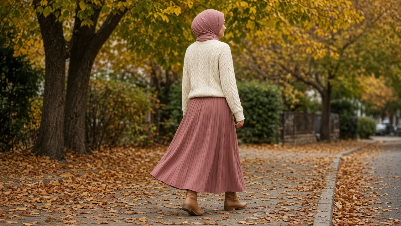 Woman walking on an autumn street in a dusty-rose headscarf, cream cable-knit sweater, long dusty-rose pleated skirt and tan ankle boots