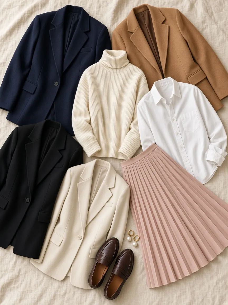 Flat lay of navy, camel, black and cream blazers with an ivory turtleneck, white button-down shirt, blush pleated skirt, brown loafers and pearl earrings