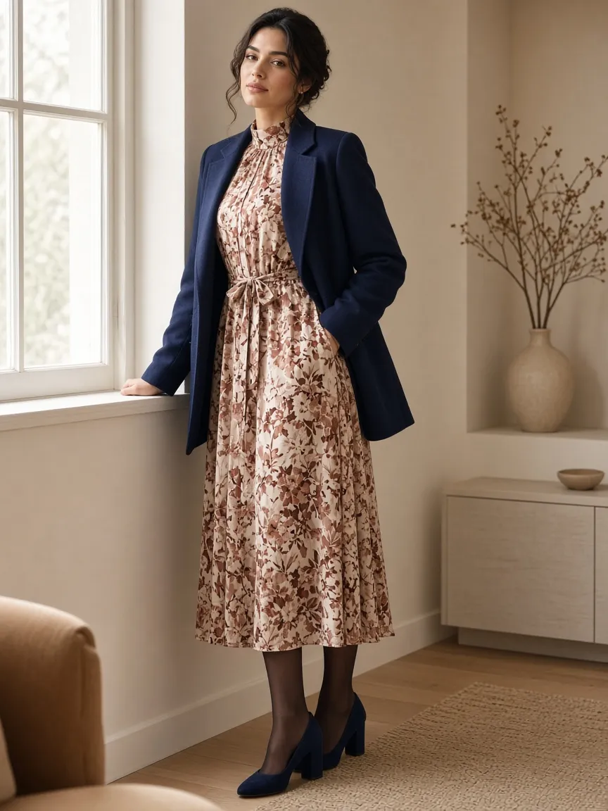 Woman by a window wearing a navy blazer open over a long-sleeve high-neck floral midi dress with opaque tights and block-heel pumps
