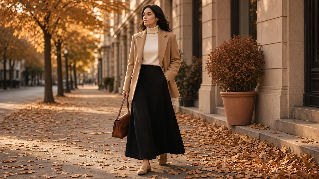 Woman walking on an autumn sidewalk in a camel wool blazer over a cream turtleneck with a long black A-line skirt, tan loafers and a brown handbag