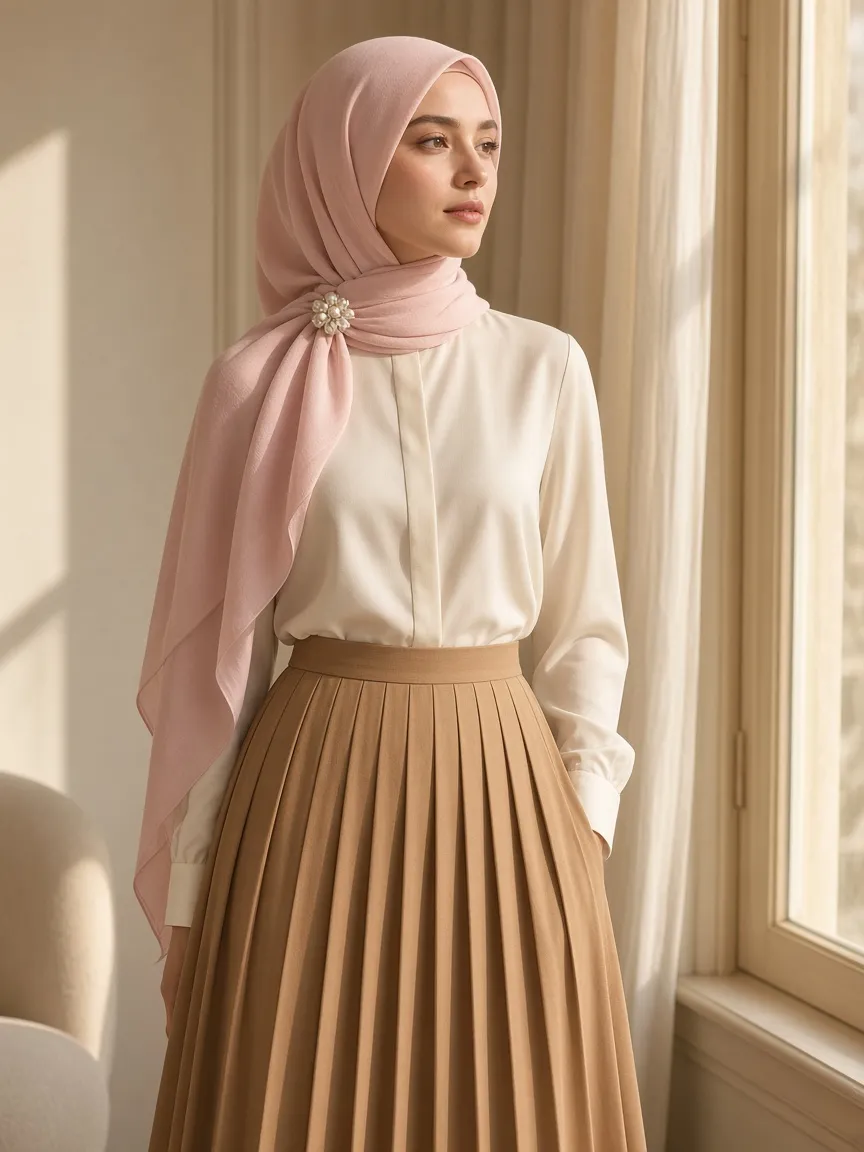 Woman by a sunny window in a blush headscarf with a small pearl flower brooch pinned at the side, a cream high-collar silk blouse and a camel pleated midi skirt