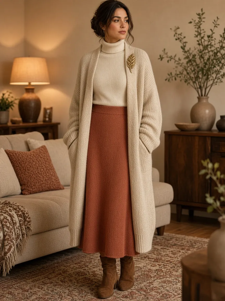 Woman in a cozy living room wearing a long oatmeal knit cardigan with a gold leaf brooch, a cream turtleneck, a terracotta knit midi skirt and brown suede ankle boots