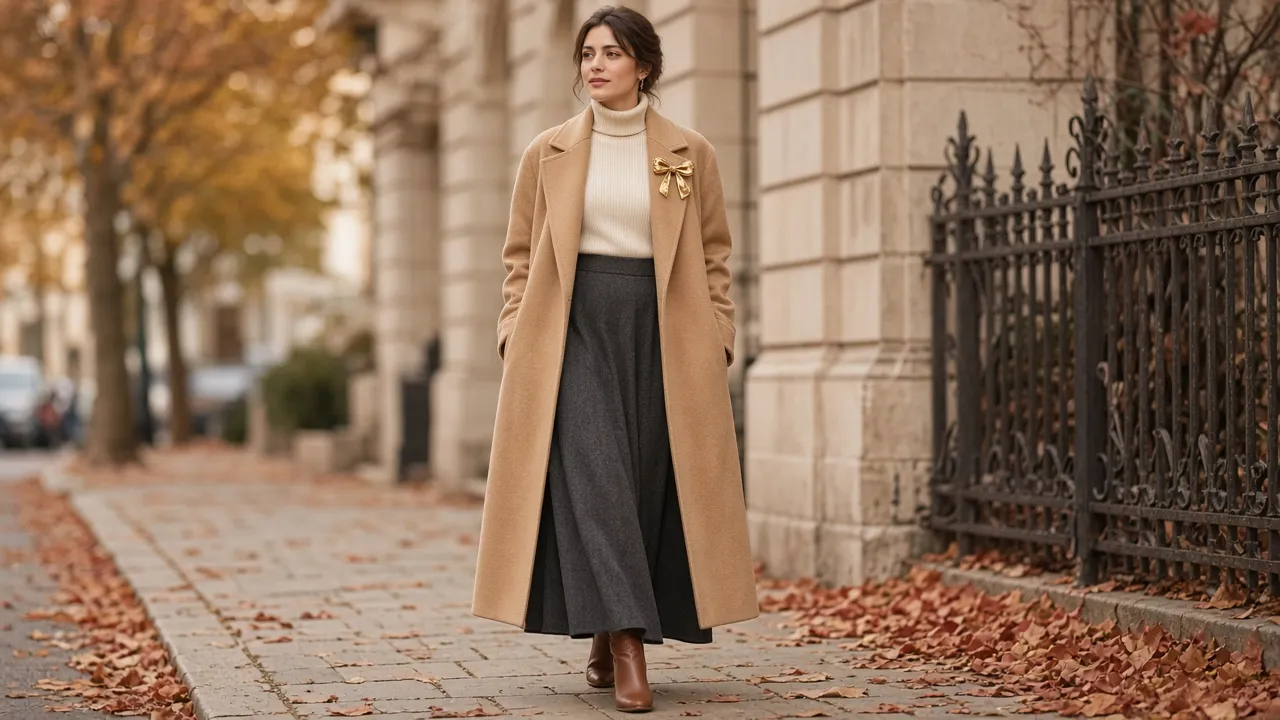 Woman walking on an autumn city street in a long camel wool coat with a gold bow brooch on the lapel, a cream turtleneck, a charcoal wool maxi skirt and brown leather ankle boots