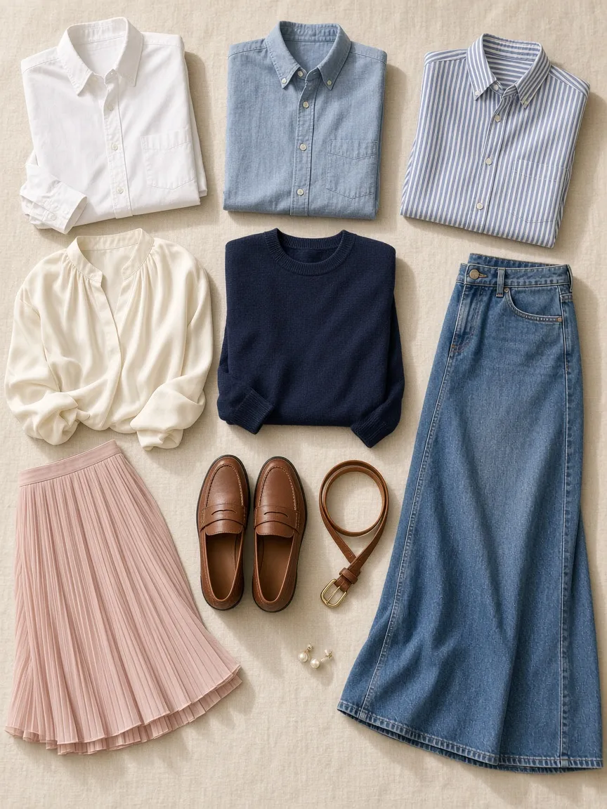 Flat lay of white, chambray and striped button-down shirts with an ivory silk blouse, navy sweater, blush pleated skirt, denim maxi skirt, brown loafers, tan belt and pearl earrings