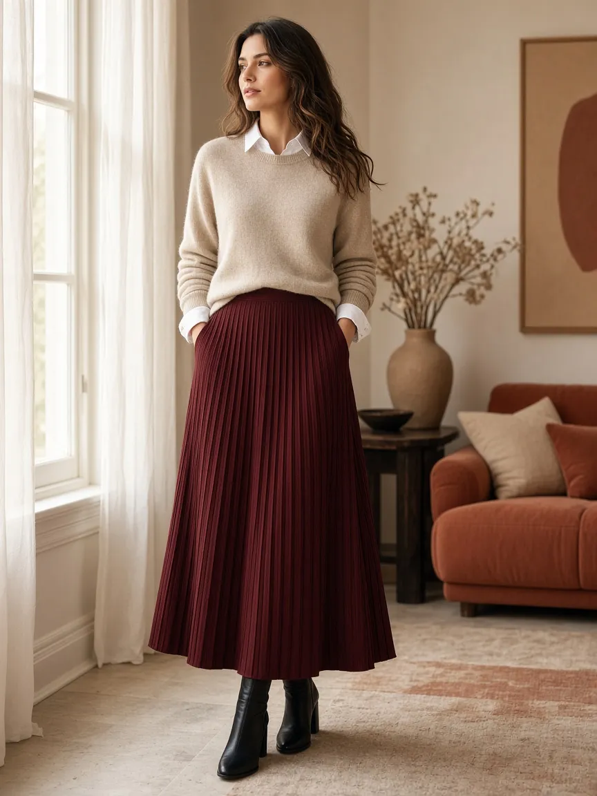 Woman by a window wearing a white collared shirt under an oatmeal crewneck sweater with a burgundy pleated midi skirt and black ankle boots
