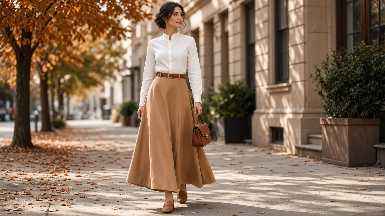 Woman walking on an autumn sidewalk in a white button-down shirt with a brown belt tucked into a long camel A-line maxi skirt, tan loafers and a brown handbag