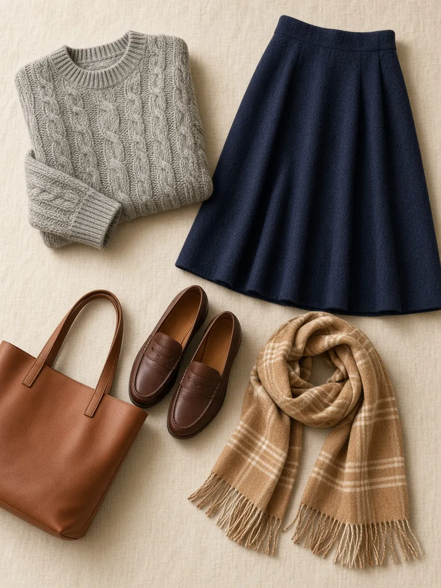 Flat lay of a grey cable knit sweater with a navy wool A-line skirt, brown loafers, a plaid wool scarf and a leather tote