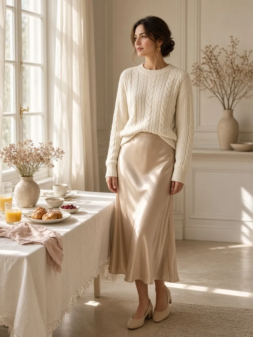 Woman at a sunny breakfast table in an ivory cable knit sweater with a champagne satin midi skirt and gold earrings