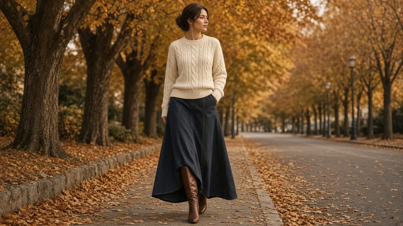 Woman walking on a tree-lined autumn street in a cream cable knit sweater with a dark long denim skirt and brown knee-high boots