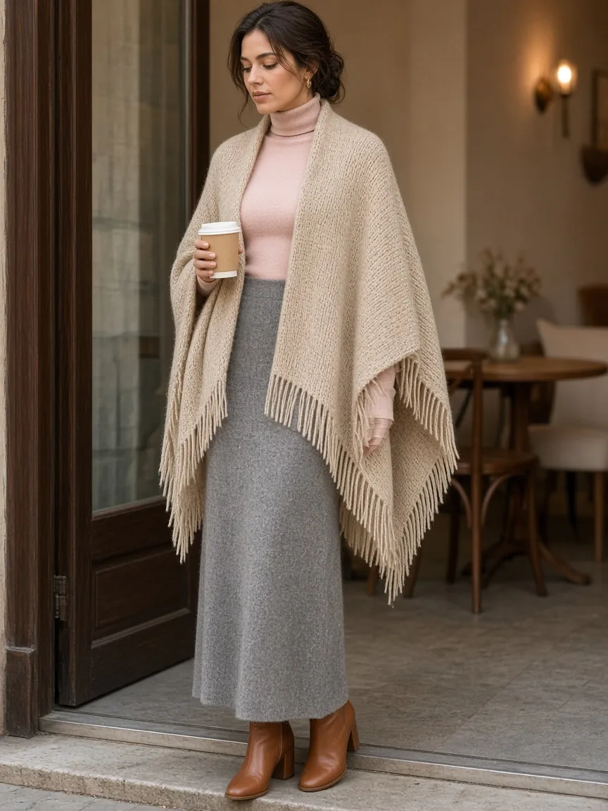 Woman in an oatmeal fringe knit poncho over a blush turtleneck and a long grey knit maxi skirt with cognac ankle boots, holding a coffee in a cafe doorway