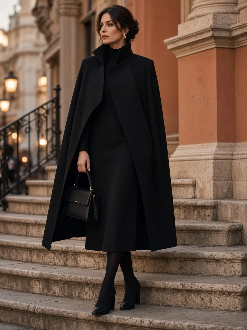 Woman in a black tailored high-collar cape over a long-sleeve black midi dress with black tights, block-heel pumps and a small handbag on stone steps at dusk