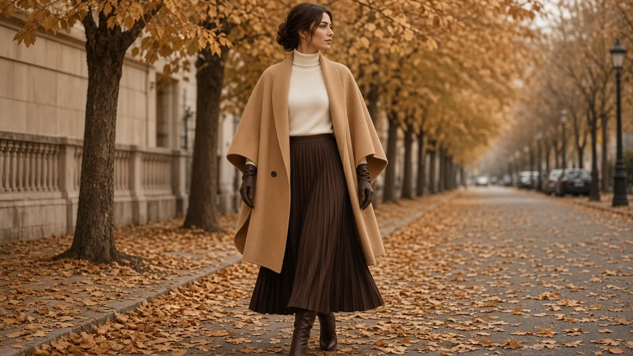 Woman in a camel wool cape over a cream turtleneck and a long brown pleated maxi skirt with brown knee boots and leather gloves on an autumn tree-lined street