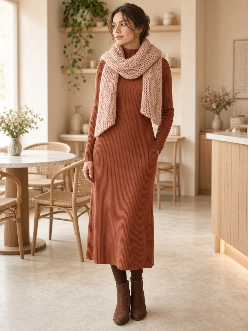 Woman in a long-sleeve terracotta ribbed knit midi dress and tights with a chunky blush knit scarf draped over her shoulders in a cafe