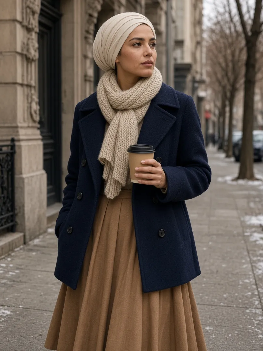 Woman in a cream headscarf and navy peacoat with a chunky oatmeal knit scarf and a long pleated camel skirt, holding a coffee on a winter sidewalk