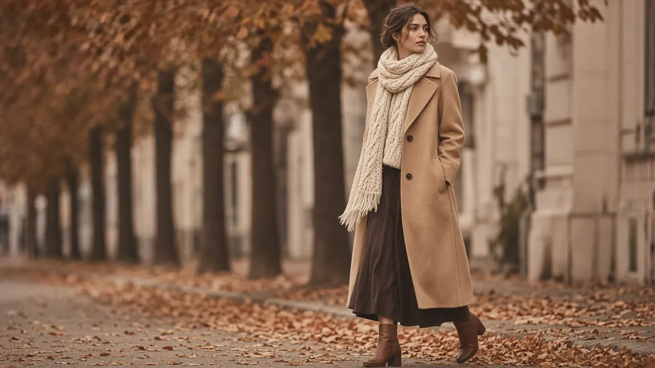 Woman in a long camel wool coat with a chunky cream cable-knit scarf, a long dark brown skirt and brown ankle boots on an autumn street