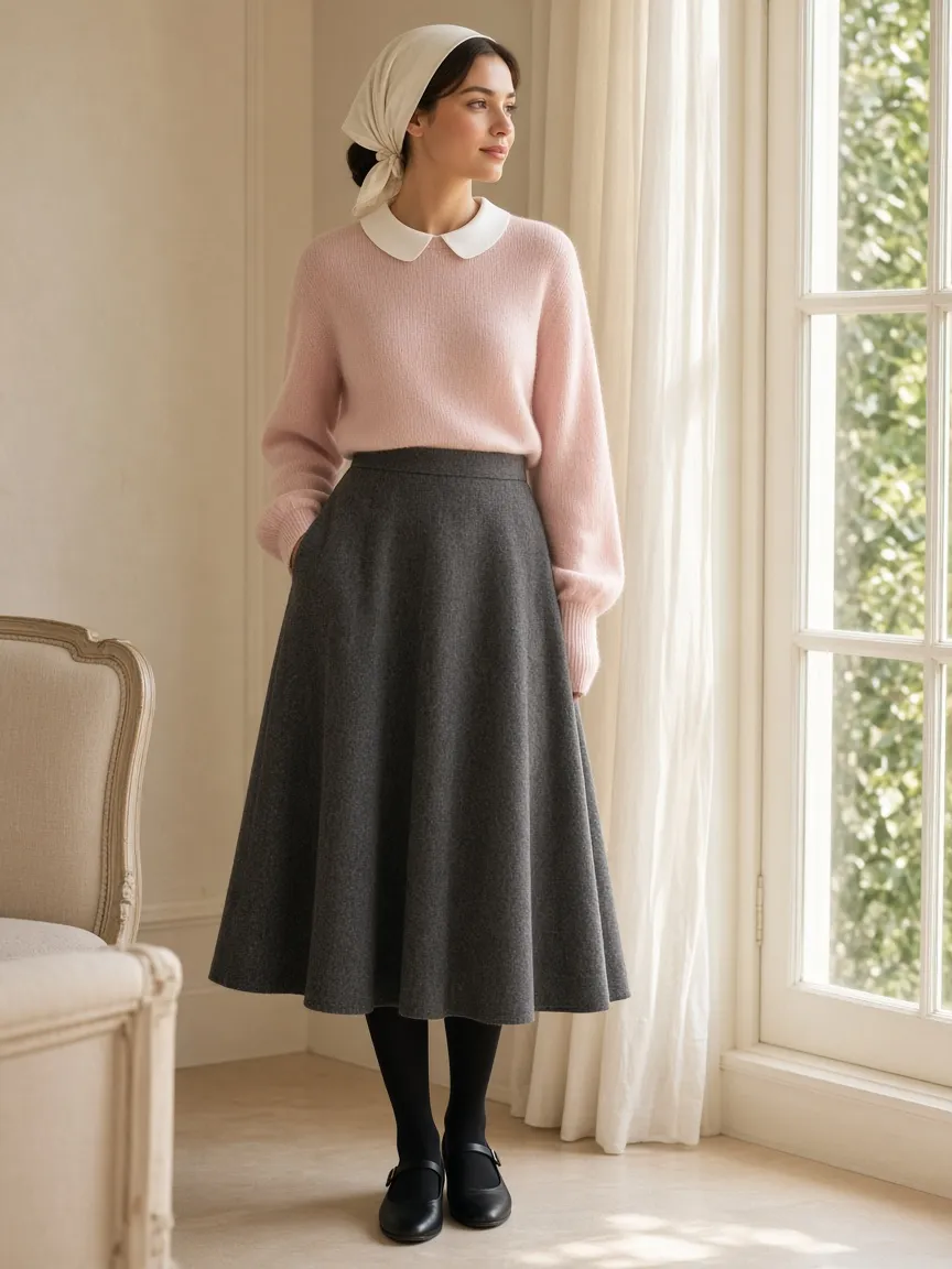Woman by a sunny window in a cream headscarf and a blush sweater with a white Peter Pan collar, a charcoal wool A-line midi skirt, black tights and black Mary Jane flats