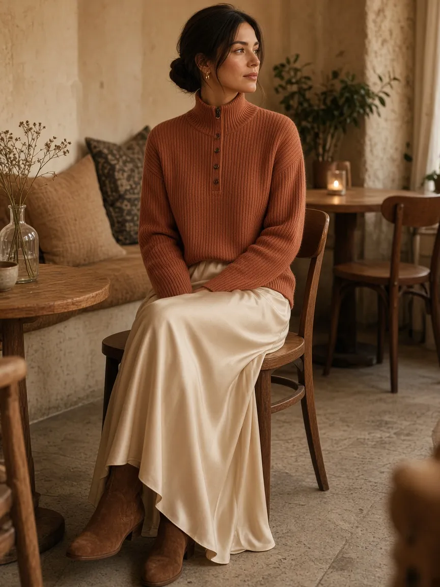 Woman sitting in a cozy cafe in a terracotta ribbed knit sweater with a buttoned high collar, a long cream satin skirt and brown suede ankle boots