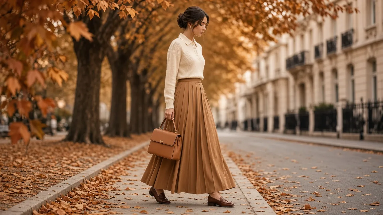 Woman walking on a tree-lined autumn street in a cream polo-collar sweater tucked into a camel pleated maxi skirt with brown loafers and a tan handbag