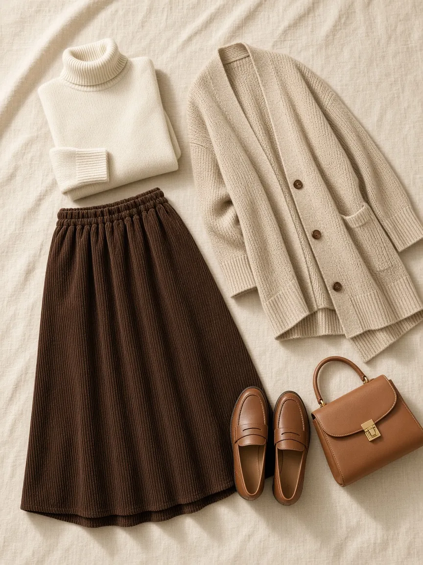 Flat lay of a chocolate brown corduroy maxi skirt with an ivory turtleneck, a long oatmeal cardigan, brown leather loafers and a small tan handbag