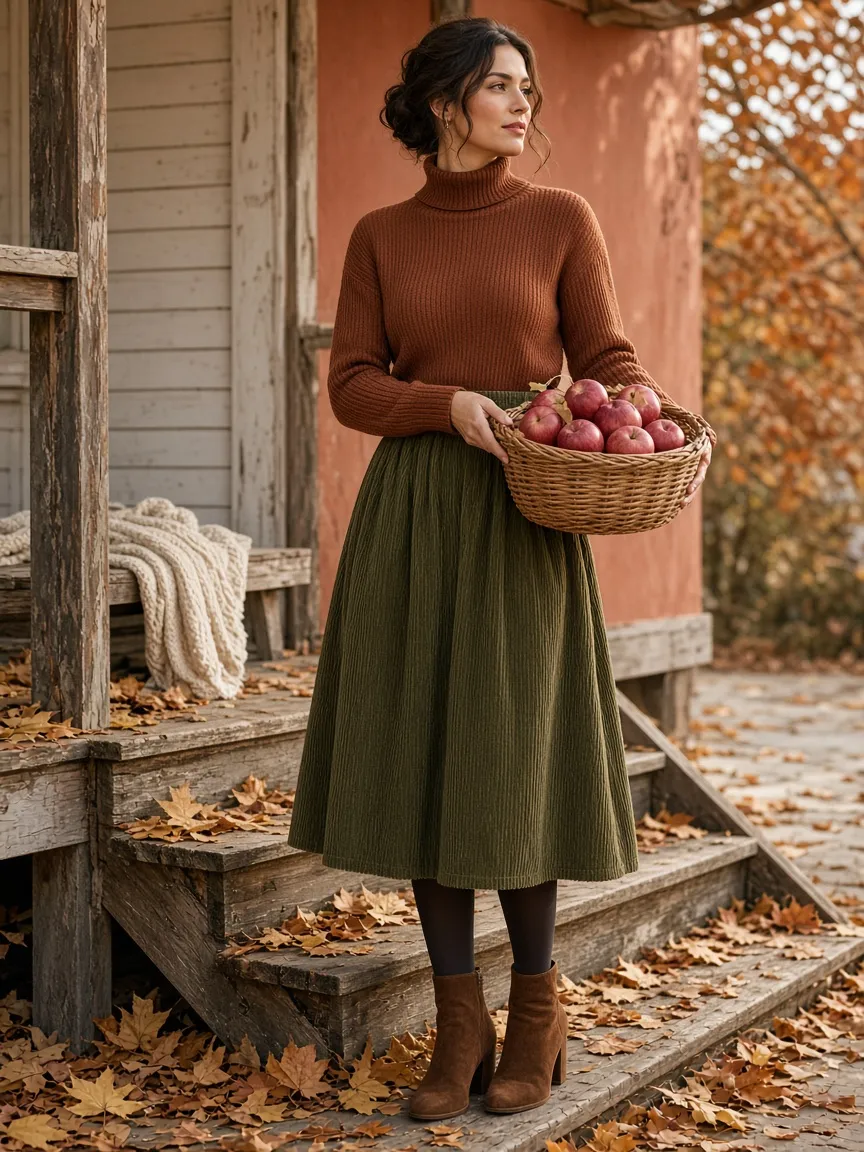 Woman standing by a wooden porch wearing an olive corduroy midi skirt, a long-sleeve rust sweater and brown suede ankle boots, holding a basket of apples
