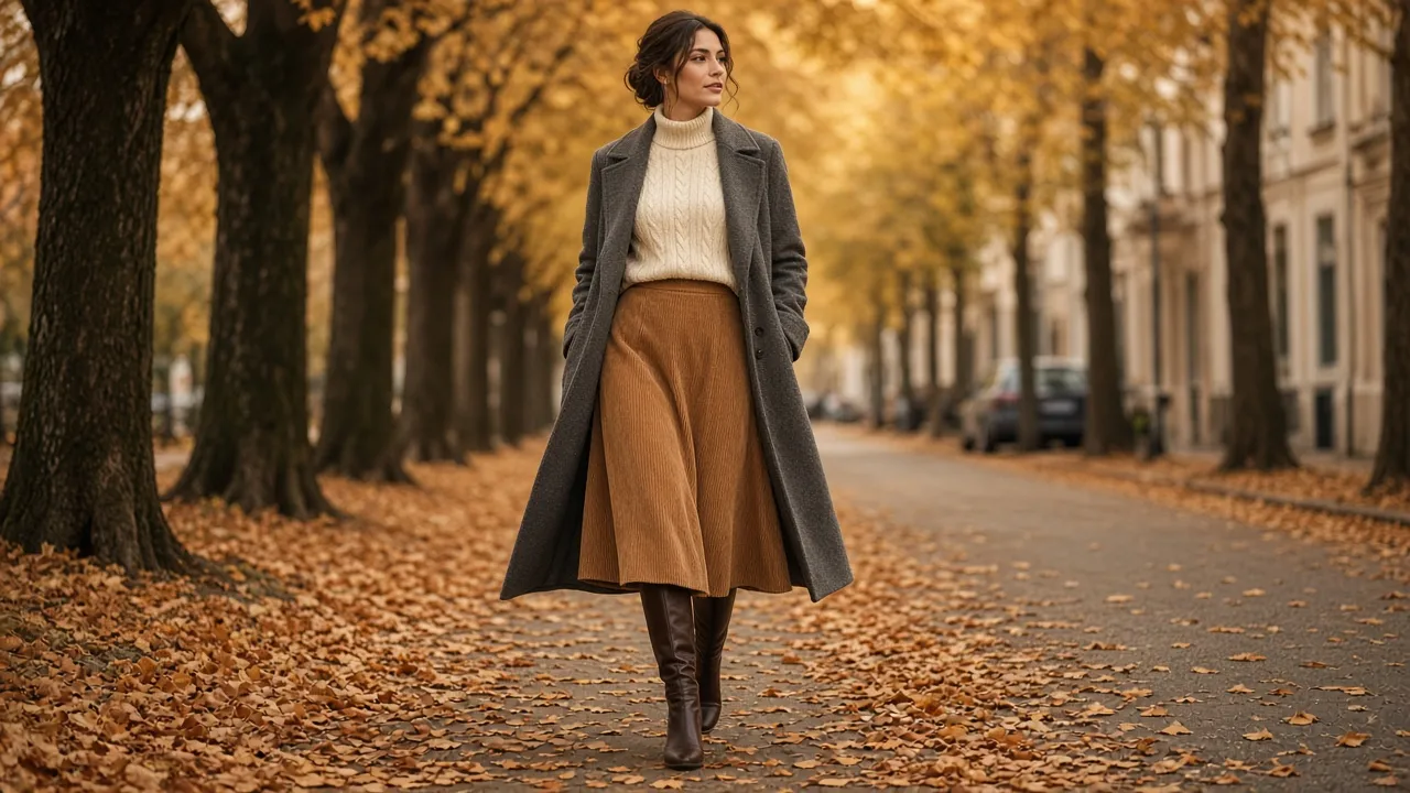 Woman walking down a tree-lined autumn street in a camel corduroy midi skirt, cream cable-knit sweater, brown knee-high boots and a long charcoal wool coat
