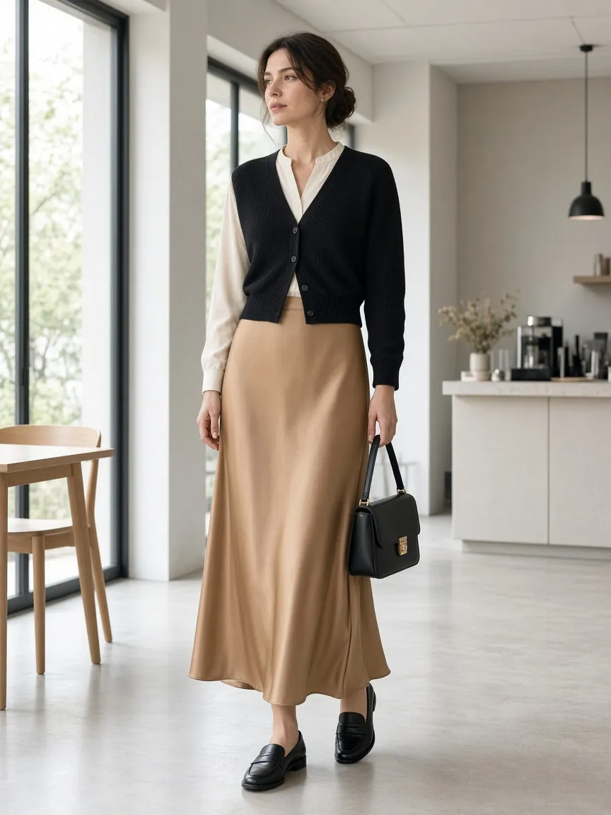 Woman in a black fine-knit cropped cardigan over a cream long-sleeve blouse, camel satin long skirt, black loafers and a black structured handbag in a bright minimalist cafe