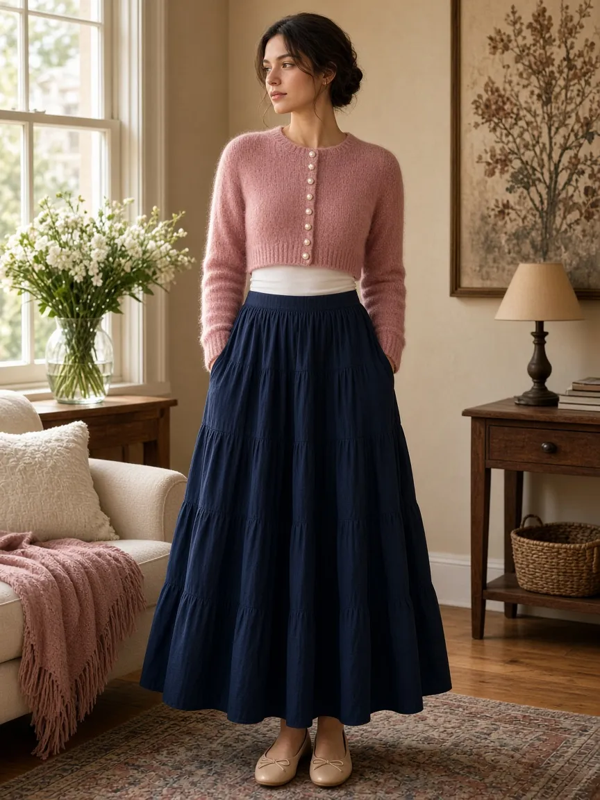 Woman in a dusty-rose fuzzy cropped cardigan with pearl buttons over an ivory top tucked into a navy tiered maxi skirt, with nude ballet flats, in a cozy living room beside white flowers