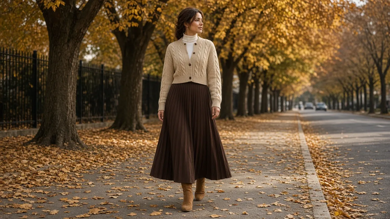 Woman in a buttoned oatmeal cable-knit cropped cardigan over a white high-neck top, chocolate pleated maxi skirt and tan suede ankle boots, walking on a tree-lined autumn street covered in golden leaves