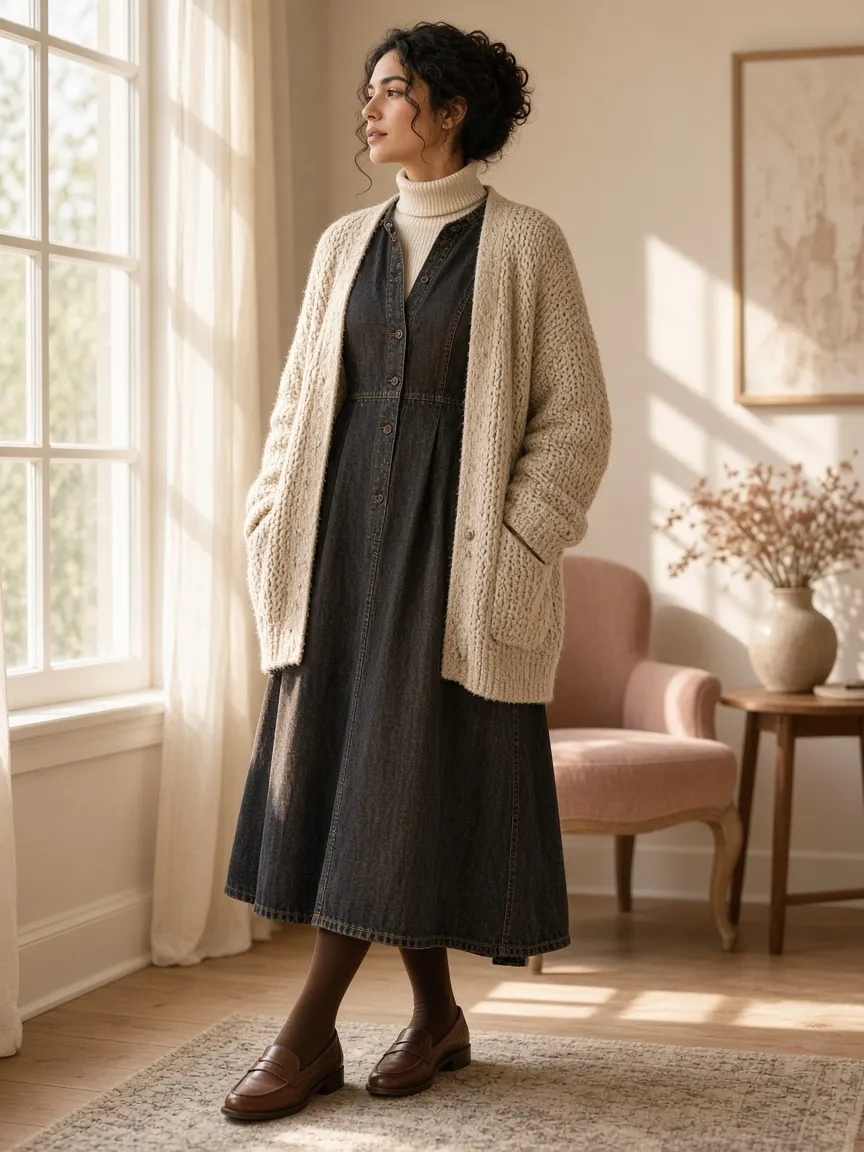 Woman in a dark-wash denim midi dress over a cream turtleneck with an oatmeal cardigan, brown tights and loafers by a sunny window