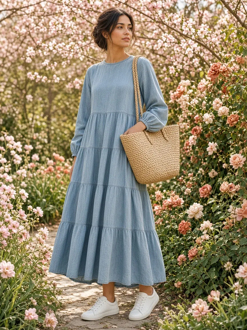 Woman in a light-wash long-sleeve tiered denim maxi dress with a straw tote and white sneakers in a spring garden