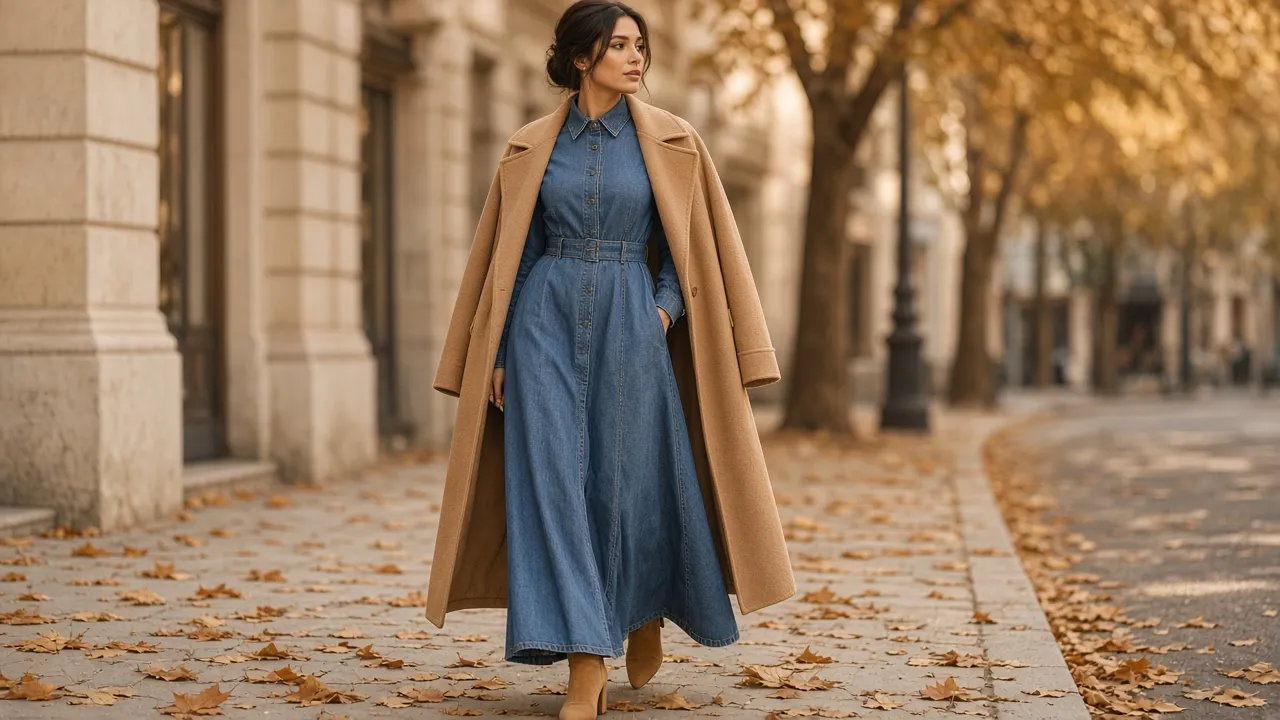 Woman in a long-sleeve belted denim maxi shirtdress with a camel coat over her shoulders and tan ankle boots on an autumn street
