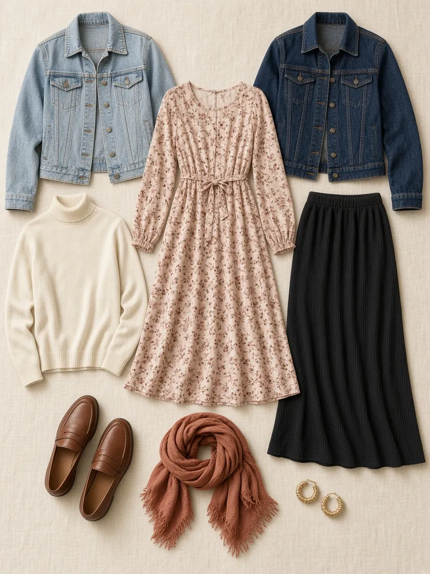Flat lay of a light-wash and a dark-wash denim jacket with a blush floral long-sleeve midi dress, black knit maxi skirt, ivory turtleneck, brown loafers, terracotta scarf and gold hoops