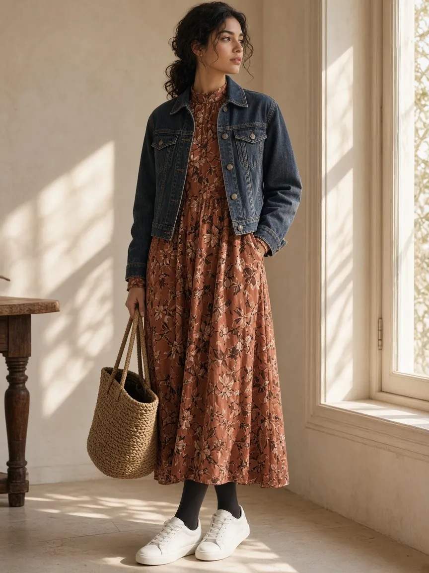 Woman by a window wearing a cropped dark-wash denim jacket over a long-sleeve high-neck terracotta floral maxi dress with opaque tights and white sneakers, holding a woven tote