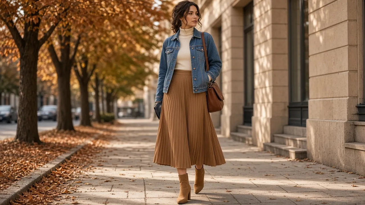 Woman walking on an autumn sidewalk in a medium-wash denim jacket over a cream turtleneck with a long camel pleated skirt, tan suede ankle boots and a brown shoulder bag